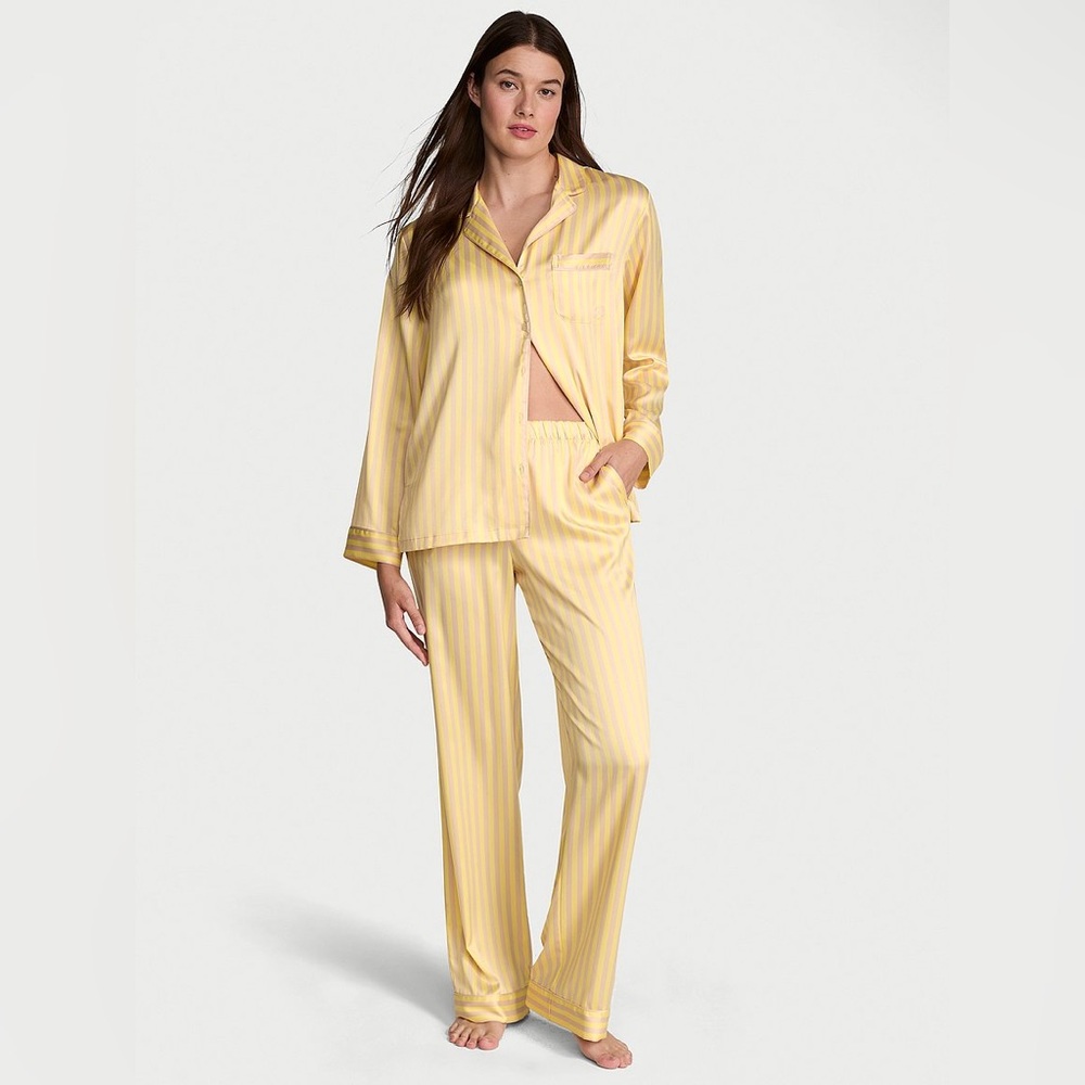 Victoria Secret Glazed Satin Long Pajama Set Yellow and Tan Striped Long Sleeve